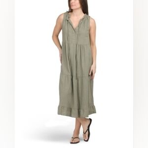 NWT - Christina Vergani Italy Linen Blend Olive Ruffle Neck Tiered Midi Dress -L
